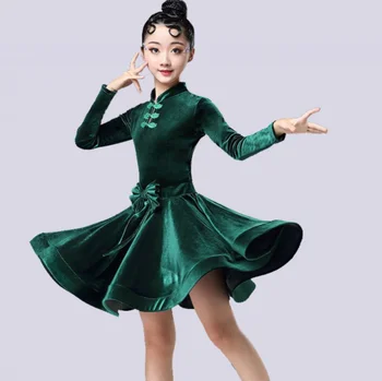 1 шт./лот, детское осенне-зимнее платье для латиноамериканских танцев в китайском стиле с длинным рукавом, вельветовое платье для бальных танцев для девочек
