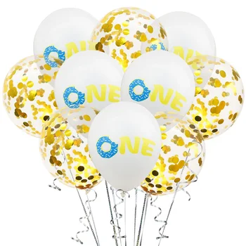 10 шт. Воздушных шаров с принтом пончиков, ОДИН Воздушный шар с блестками и конфетти для новорожденных, украшения для вечеринки в честь первого дня рождения, принадлежности для вечеринки в честь пончиков