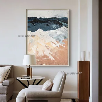 100% Картина маслом ручной работы, абстрактная сине-бело-желтая Современная настенная живопись в минималистичном стиле для гостиной, спальни.