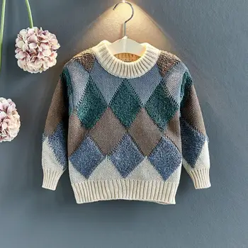 2020 Новый Осенне-зимний теплый свитер для маленьких девочек, свитер с клетчатым рисунком для мальчиков и девочек, модный вязаный пуловер от 3 до 7 лет