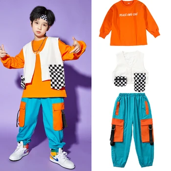 2023 Детские танцевальные костюмы в стиле хип-хоп для детей Оранжевые топы, свободные брюки, Уличная одежда, одежда для джазовых выступлений для мальчиков DQS12897