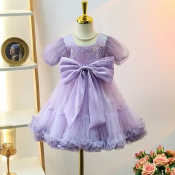 2023 Детское Вечернее Платье для Маленьких Девочек, Фиолетовые Бальные платья с блестками и Большим бантом для Малышей, Элегантные Вечерние платья для Маленьких Девочек