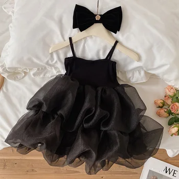 2023 Детское платье для девочек, черное модное платье на весну-лето, праздничная пачка для торта принцессы для детей 1-8 лет, элегантный костюм