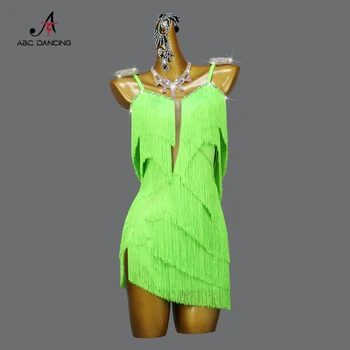 2023 Зеленое Профессиональное платье для латиноамериканских танцев с кисточками, Сексуальные Короткие юбки, Женская одежда для бальных танцев, Облегающий костюм