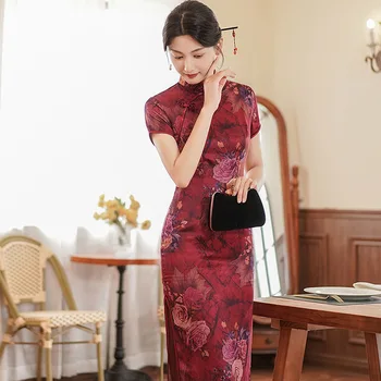 2023 Летнее Новое Длинное Атласное Приветственное Платье Cheongsam из Атласа Для Самосовершенствования, Модное Банкетное Вечернее Платье в Китайском Стиле Qipao для Женщин