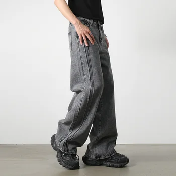 2023 новая Мужская Корейская уличная одежда, Широкие брюки, Джинсы, Мужские плиссированные сбоку Прямые Свободные Повседневные Винтажные джинсовые брюки