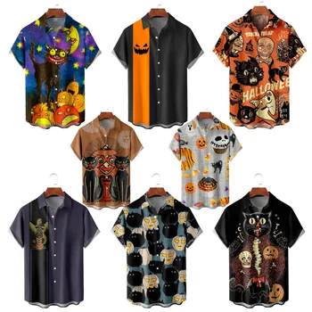 2023 Новые мужские гавайские рубашки больших размеров, повседневный крой, пуговицы с лацканами, элементы дизайна на Хэллоуин, Модная мужская одежда
