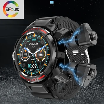 2023 Новые мужские смарт-часы GT100 2 в 1 с наушниками TWS, Bluetooth-гарнитурой AMOLED, умными часами с динамиком, трекером, музыкой, спортом