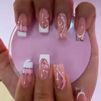 24шт Типсы для ногтей DIY Пресс на ногти Французский Розовый Сердце Любви Накладные ногти Балерина Длинный Французский