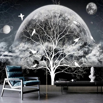 3D обои Водонепроницаемые Ретро Звездное пространство Черно-белая Луна Деревья Фотообои Абстрактное искусство Декор стен Обустройство дома