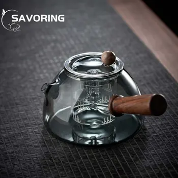 450 МЛ, изысканный стеклянный чайник в японском стиле, Термостойкий, из цельного дерева, с боковой ручкой, чайник для чая