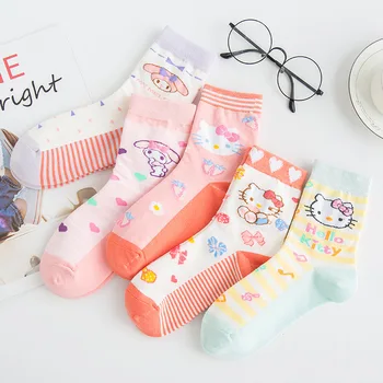 5 пар / лот Носки для девочек Sanrio hello kitty My Melody, весна-осень, женские хлопчатобумажные носки с героями мультфильмов, новая версия, милые носки для девочек