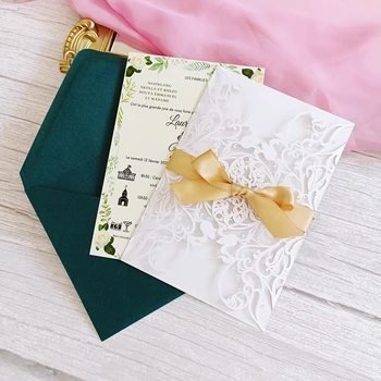 50X Белое цветочное приглашение на свадьбу с золотой лентой и конвертом, персонализированные приглашения с принтом 