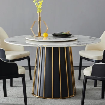 59-дюймовый обеденный стол с белой круглой мраморной столешницей с ленивой Сьюзан, черно-золотой ножкой, обеденный стол
