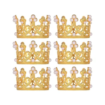 6шт Золотая мини корона для торта Маленькие хрустальные жемчужные топперы для кексов Маленькая корона для кексов на свадьбу, День рождения