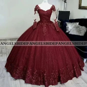 ANGELSBRIDEP Бордовое Блестящее Бальное платье, Пышные платья для 15 вечеринок С длинными рукавами и цветочной аппликацией, Платье Золушки на День рождения