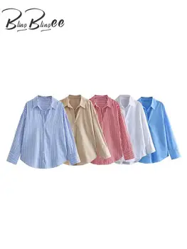 BlingBlingee, летняя модная женская свободная рубашка с V-образным вырезом, повседневная блузка на пуговицах с длинным рукавом, винтажный женский топ оверсайз.