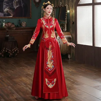 Bride Red Embroidery Traditional Chinese Wedding Dress Banquet Costume Classic Cheongsam China Qipao костюм для восточных