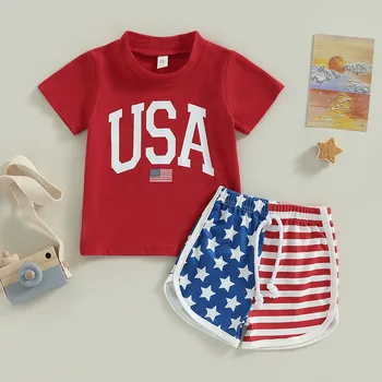 Citgeett, Летний День Независимости, Комплекты одежды для маленьких мальчиков, Красные Топы с коротким рукавом и буквенным принтом + Шорты на шнурке в полоску со звездами.