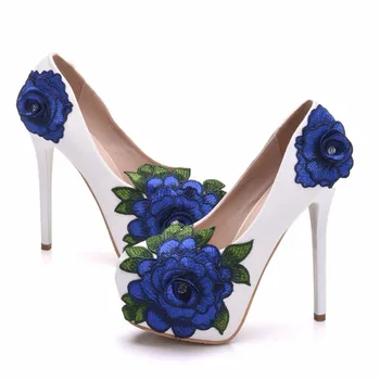 Crystal Queen/ Женские туфли-лодочки с большим синим цветком, Кружевная платформа на высоком каблуке, свадебные туфли с жемчугом, платье невесты, 14 см
