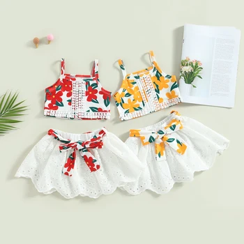 FOCUSNORM/ Комплекты летней одежды для маленьких девочек от 0 до 4 лет, жилет-слинг без рукавов с цветочным принтом + Кружевная юбка с поясом