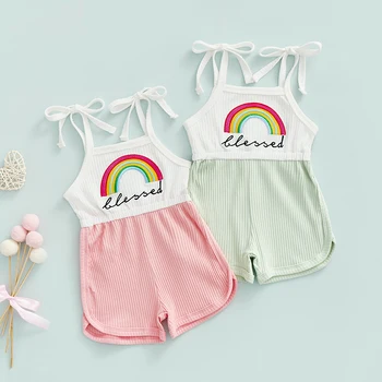 FOCUSNORM/ летние милые комбинезоны для маленьких девочек от 0 до 18 м, одежда 2 цветов, рваные комбинезоны без рукавов с радужным принтом