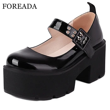 FOREADA/ женские туфли Mary Janes в готическом стиле, лакированная кожа, туфли на платформе и высоком каблуке, обувь с круглым носком и пряжкой, женские черные 43