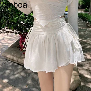 Houzhou, сексуальная милая белая мини-юбка, женские складки на шнурке, Высокая талия, нерегулярные оборки, лоскутные короткие юбки Fairycore Mori Girl