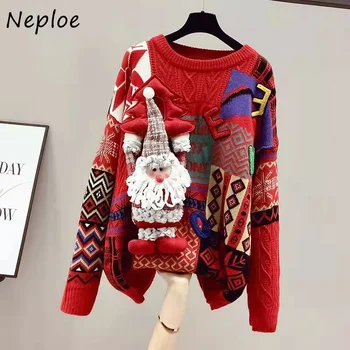 Neploe С круглым вырезом Контрастного цвета в стиле пэчворк, Женский свитер из джерси, женские свитера Y2k, Осенние Свободные Повседневные Рождественские джемперы с длинным рукавом