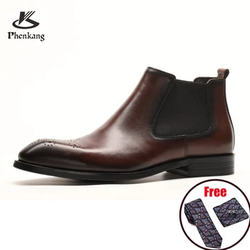 Phenkang/ Мужские зимние ботинки; официальные ботильоны; Ботинки Челси из натуральной кожи; Официальные мужские деловые модельные туфли; Кожаные туфли-слипоны.