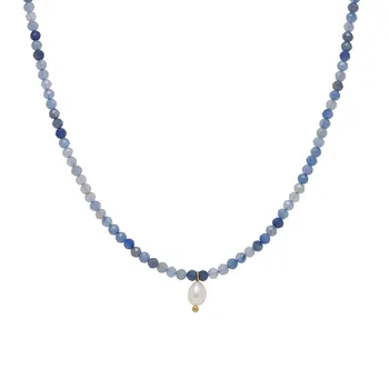 RHYSONG Hademade Ожерелье-цепочка из натуральных синих бусин авантюрина с жемчужной подвеской, французские шикарные украшения из камня в готическом стиле для женщин