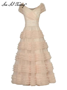 Seasixiang, модное дизайнерское Летнее сетчатое длинное платье, Женское платье с V-образным вырезом, коротким рукавом, высокой талией, рюшами, Элегантные вечерние однотонные платья