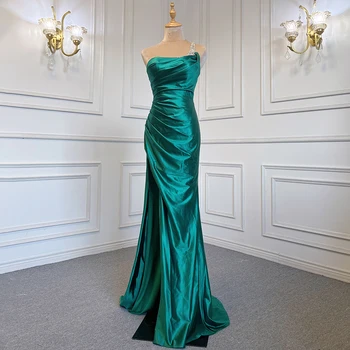 Serene Hill Сексуальное зеленое Атласное Арабское вечернее платье на одно плечо, расшитое бисером, Русалка, Элегантная роскошь для женщин, вечеринка LA71739