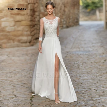 Vestidos De Novia Элегантное Свадебное платье из шифона в стиле бохо с длинным рукавом и круглым вырезом, кружевные аппликации, платье невесты, Robe Mariée на заказ