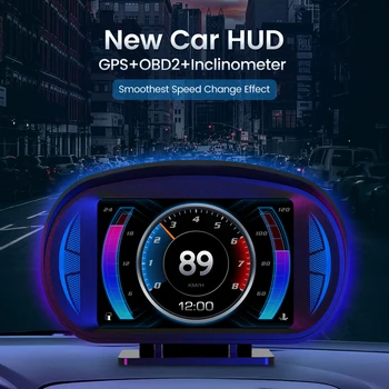 Автомобильный HUD двухсистемный OBD2 GPS Головной дисплей автомобиля Цифровой спидометр с сигнализацией о превышении скорости Сигнализация о напряжении Предупреждение об усталости водителя