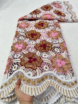 Африканская вышитая кружевная ткань Для вечернего платья Белая Новейшая Кружевная ткань высокого качества 2023 года с золотыми блестками Гипюровый шнур