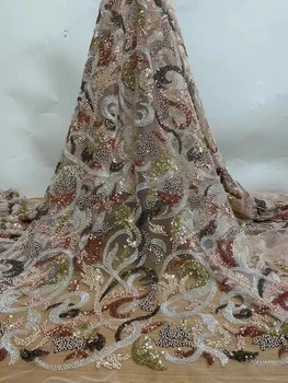 Африканская кружевная ткань Роскошная вышивка сетчатое кружево С блестящими пайетками Африканская вышивка Ручной работы С бисером Тюлевое кружевное платье для шитья
