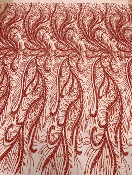 Африканская Французская сетчатая кружевная ткань, вышивка бисером, Нигерийская Тюлевая ткань, 5 ярдов сетчатой ткани, блестящие пайетки для вечерних платьев, Красный