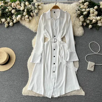 Белое платье-поло с длинными рукавами и Заниженной Талией, Повседневная Однобортная рубашка в Ленивом стиле, Длинная юбка