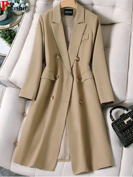Блейзер цвета хаки, тренчи, женские длинные повседневные куртки из габардина Y2k, Корейская двубортная ветровка Abrigo, Casaco New Chaquetas