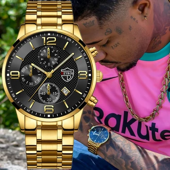 Брендовые Модные мужские спортивные часы для мужчин, деловые кварцевые наручные часы из нержавеющей стали, роскошные Мужские повседневные кожаные Золотые наручные часы