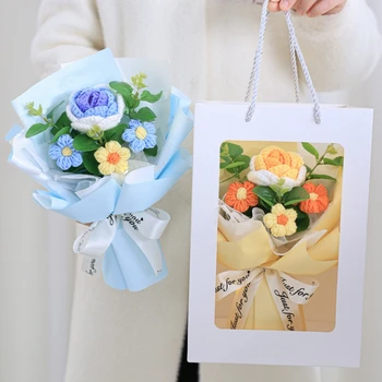 Букет из роз, связанный крючком, искусственный цветок с упаковочным пакетом, готовый подарок для мамы, подруги, декор из бессмертных сухоцветов