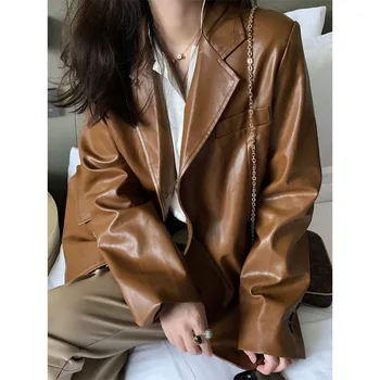 Весенне-осенний новый свободный повседневный костюм ретро мотоциклетная коричневая кожаная куртка
