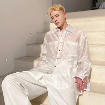 Весна 2022, корейский стиль, персонализированные ультратонкие дизайнерские рубашки, мужские повседневные свободные однотонные солнцезащитные рубашки M-XL