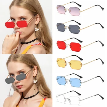 Винтажные прямоугольные солнцезащитные очки без оправы для женщин, солнцезащитные очки для вождения UV400, Летние очки в маленькой оправе.