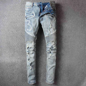 Винтажные рваные джинсы, мужские светло-голубые джинсы, Обтягивающие джинсовые брюки Hommes 2023, летний Новый тренд, Классические повседневные брюки в стиле пэчворк