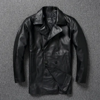 высококачественная новая роскошная брендовая зимняя куртка из натуральной кожи 2023 года выпуска. Длинное деловое кожаное пальто из черной воловьей кожи размера плюс 740.Русский ове