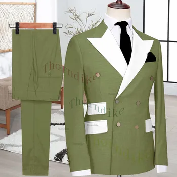 Двубортный пиджак Thorndike Moss Зеленого цвета с белым карманом на лацкане, деловой мужской костюм, свадебные костюмы жениха, Блейзер, комплект брюк