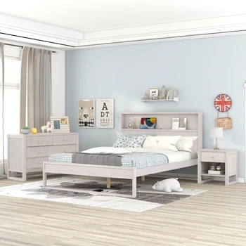 Двуспальная кровать в спальне из 3 предметов, тумбочка и комод, Античный белый, Двуспальная кровать