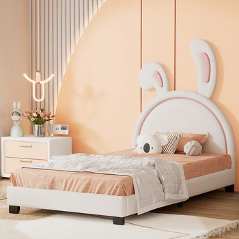 Двухразмерная кожаная кровать-платформа с орнаментом в виде кролика, простая в сборке, прочная и долговечная, белая
